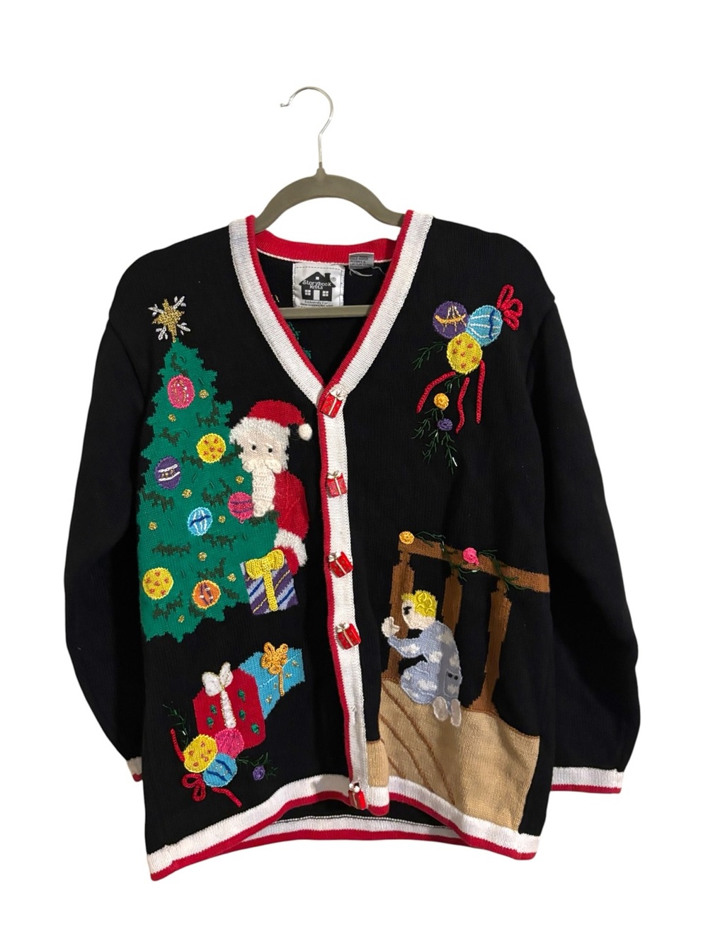Storybook Knits Christmas Print Black Cardigan Sweater Medium